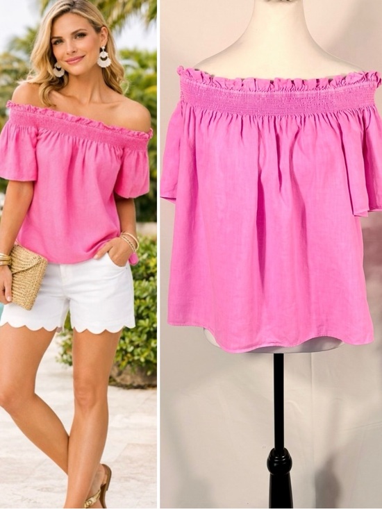 Lilly Pulitzer Tops - Lilly Pulitzer Leanne Off Shoulder Linen Top Aura Pink Smocked Blouse Large🧡